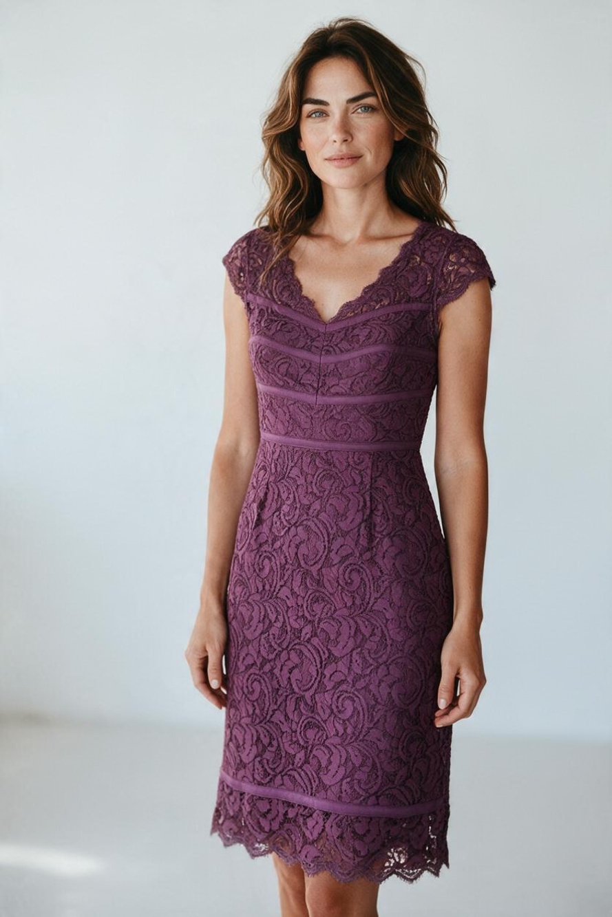 Adrianna Papell Plum Purple Lace V-Neck Cap Sleeve Cocktail Dress US 10 - Picture 1 of 13